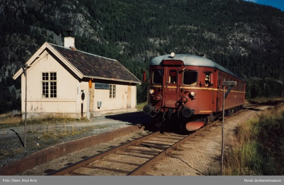 Dieselmotorvogn BM 91 03 med persontog fra Kongsberg til Rødberg, tog 593, på Kravikfjord holdeplass