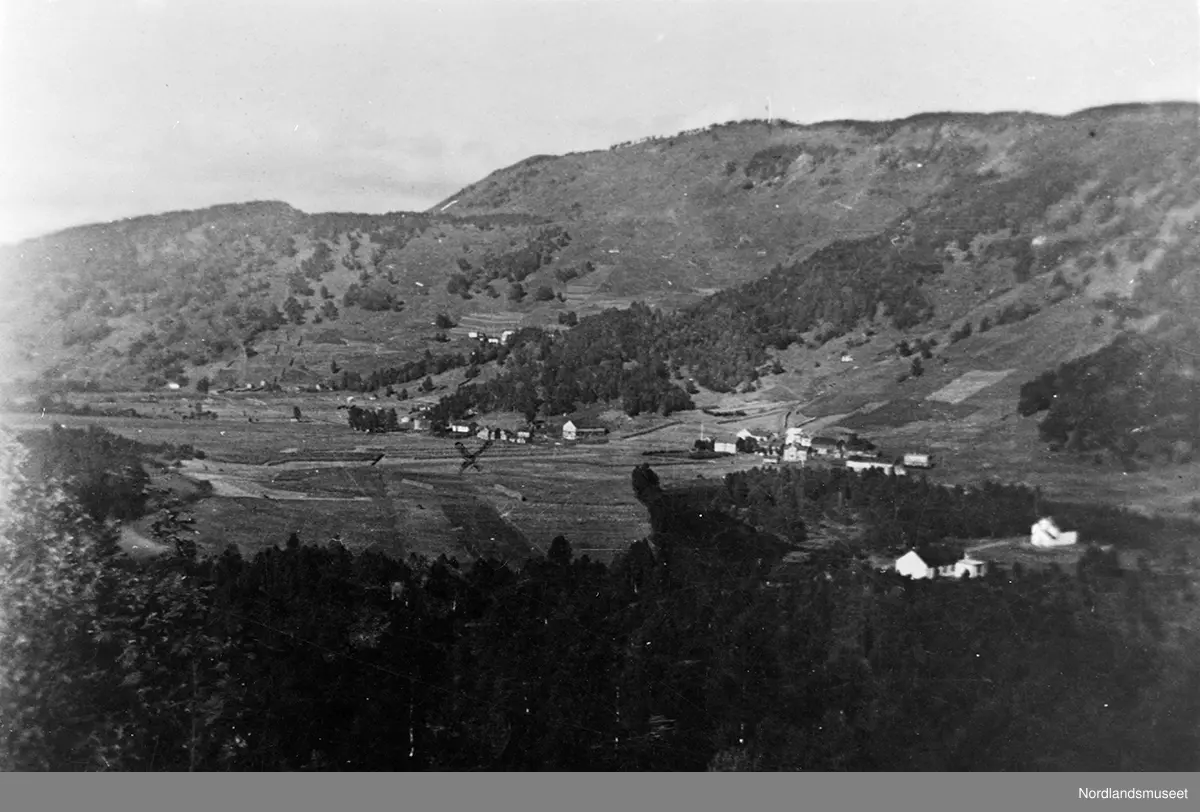 Fjell, skog, bebyggelse. Oversiktsbilde av Brekke og Stolpe i Misvær ...