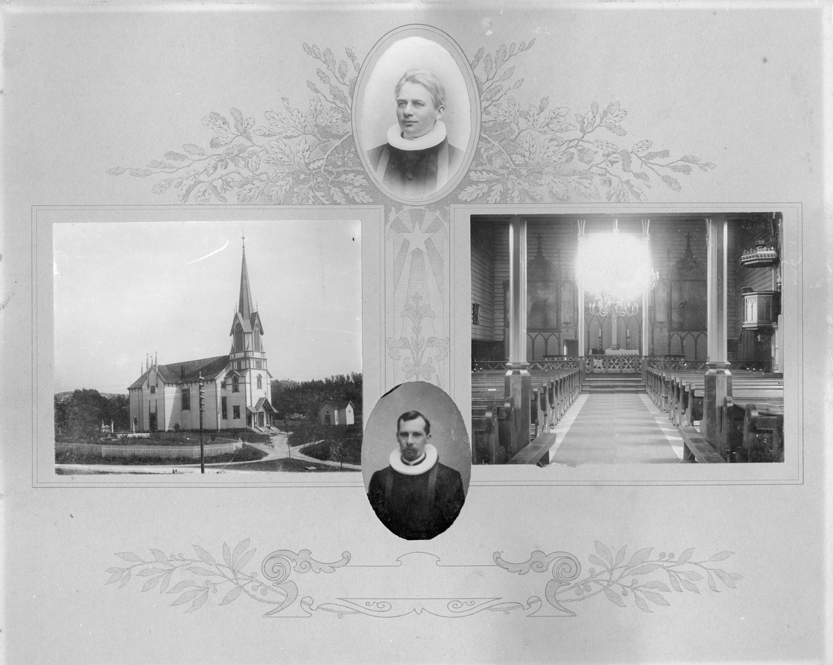 Bamble Kirke og portrett av sogneprestene Dehli og Gustav Jensen.
