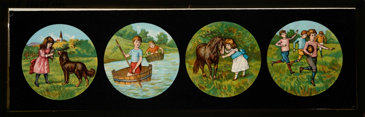 Serie med 4 bilder viser pike med hund, 2 gutter seiler i trestamper, pike med hest, og gutter spiller ball.
