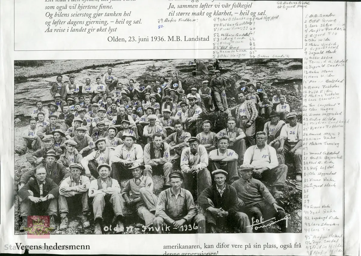 Bilde 1) viser ein traust arbeidsgjeng på veganlegget Olden-Innvik i 1936. 
"Singervegen" ga livsmot og tru.
Ref. til boka "Vegfolk fortel" Vegminne fra Statens vegvesen Sogn og Fjordane, side 50-53. 
Bilde 2) Navn på personer er gjengitt utfra navnliste på bildet. Storparten av navnene står oppført på lista, men noen står som ukjent.
Med forbehold om skrivefeil som kan oppstå. 
Nederst fra venstre: 
1) A. O. Sunde, 2) Odd Rome, 3) Lars Skøre, 4) Anfin Fredheim (står også som nr.79),  5) Sigurd Flo, 6) Olav Hilde, 7) Malvin Nygård, 
Andre rekke: 8) Sigurd Mork, 9) Ingvald Mork, 10) Petter Skøre, 11) Tormod Gildestad, 12) Ingvald Sandvik, 13) Anton Moen, 14) Hans Hilde, 15) Per Bolstad, 
Tredje rekke: 16) Bjarne Frøholm, 17) Knut Eide. 18) Matias Frøholm, 19) Lars Skarstein, 20) Jon Langelund? 21) Olav Hagen, 22) Simon Heggestad, 23) Audun Hilde (står også som nr. 47), 24) Kristian Sandbakk, 25) Bjarne Frøholm, 26) Amund Nesje?
Fjerde rekke: 27) Simen Rake, 28) Malvin Tonning, 29) ukjent, 30) Tormod Gilstad, 31) Bendik Brynestad, 32) Knut A. Eide, 33) Rolf Lefdal, 34) Ola Heggestad, 35) Einar Raku, 
Femte rekke: 36) Sigurd Mork, 37) ukjent, 38) ukjent, 39) ukjent, 40) Simen Raki, 41) Isak Rake, 42) Ingebrigt Eide, 43) Lars Skarstein, 
Sjette rekke: 44) Lars Flo, 45) Anfin Meland, 46) Ingvald Sandal, 47) Audun Hilde, 48) Anfin Hilde, 49) Olav O. Skarstein, 50) Kolbein Guddal, 51) Einar Vingrygg, 52) Kolbein Goddal? 53) Ludvig Lunde, 54) Elling Flore, 55) Odd Rome, 56) Rasmus Lunde, 57)  Olai Haugen, 58) Knut Nygjerd, 59) ukjent, 60) ukjent, 61) ukjent, 62) ukjent, 63) ukjent, 64) ukjent, 65) ukjent, 
Bakerste rekke: 66) Sverre Sandvik, 67) Andrias Guddal, 68) Sigurd Nesje, 69) ukjent, 70) ukjent, 71) ukjent, 72) ukjent, 73) ukjent, 74) ukjent, 75) ukjent, 76) ukjent, 77) ukjent 78) ukjent, 79) Anfin Fredheim? 80) ukjent   

Offisiell opning av "Singervegen" mellom Innvik og Olden foregjekk 23. juni 1936 og Hans Majestet Kong Haakon VII var med på opninga. 

Se flere bilder og informasjon fra vegåpningen i relaterte objekter lenger ned på siden.