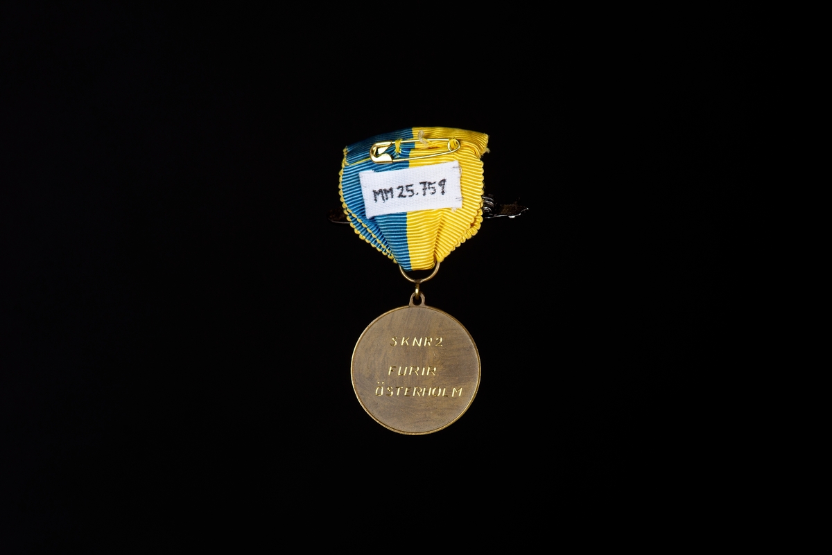 Medalj av brons. Rund med motiv av lagerkrans samt text: 1000:e dykningen" emblem i vitmetall i form av ubåten Tumlaren ingraverat med texten: "Tumlaren 1952". Medaljen baksida har text ingraverad: "SKNR2 FURIR ÖSTERHOLM". Medaljen hänger i blå-gult sidenripsband med säkerhetsnål fastsydd. På sidenbandet är en nål i form av ubåt fäst. Text på baksida av nålen: "SPORRONG & CO". Ubåten som avbildas är ubåt av Bävern-klass sjösatta 1921.