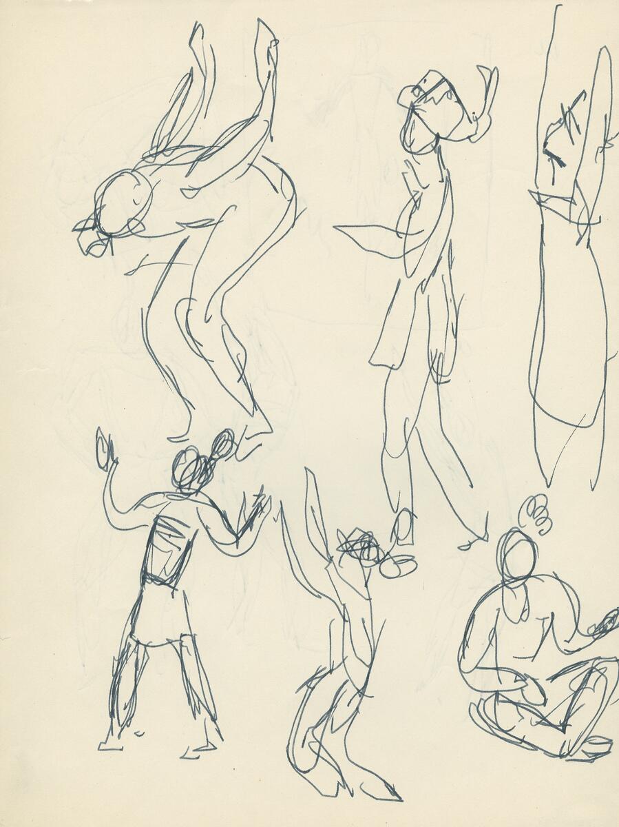 Skisser från teatermiljö, dansare, scenkläder  amerikanska urinvånare, cowboys, människor från Mellanöstern, damer mm. Idéskisser till teateraffischer.