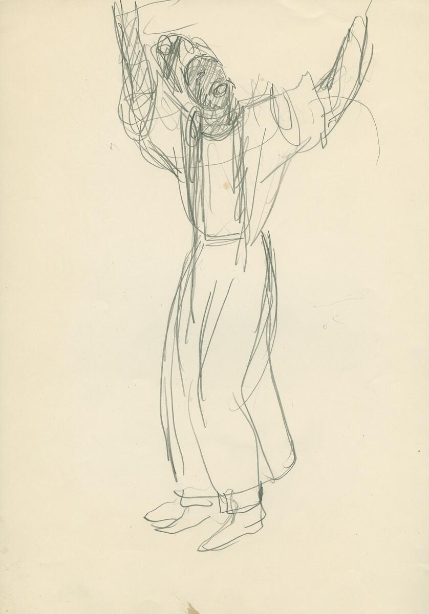 Skisser från teatermiljö, dansare, scenkläder  amerikanska urinvånare, cowboys, människor från Mellanöstern, damer mm. Idéskisser till teateraffischer.