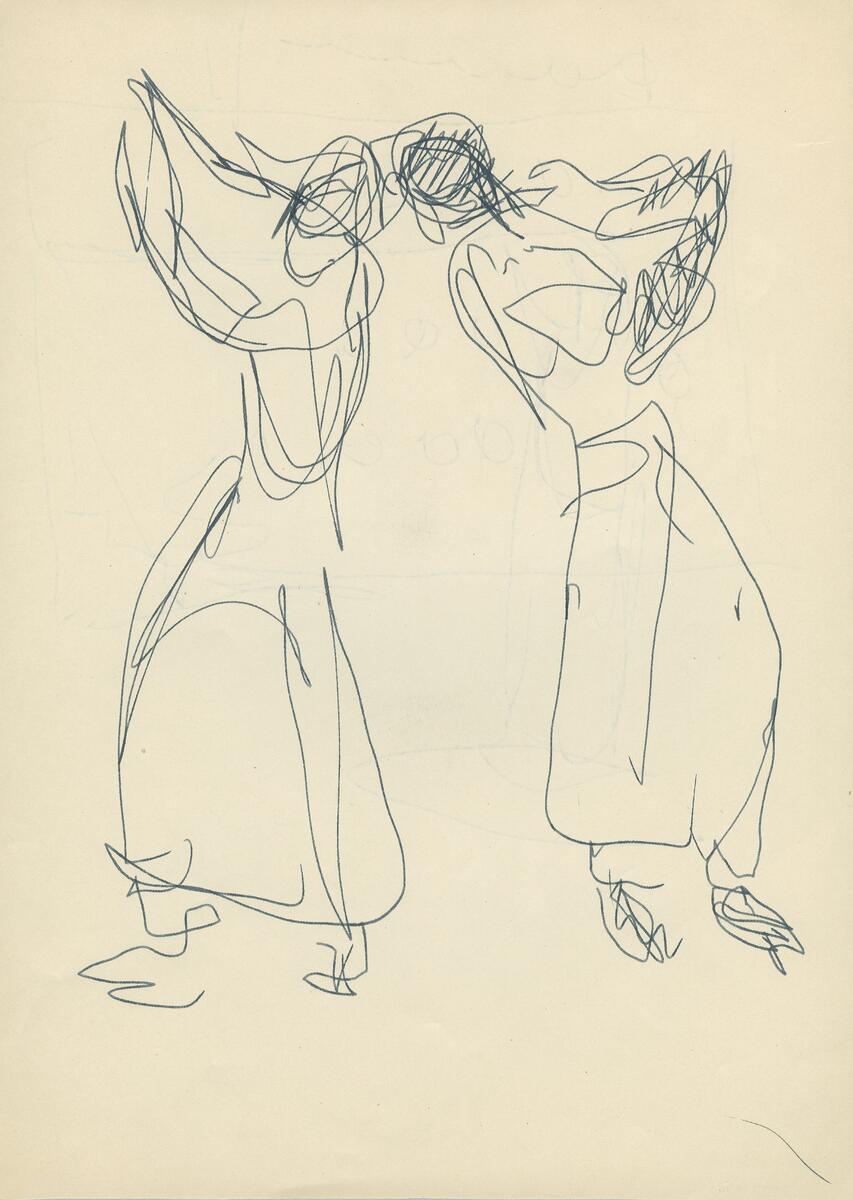 Skisser från teatermiljö, dansare, scenkläder  amerikanska urinvånare, cowboys, människor från Mellanöstern, damer mm. Idéskisser till teateraffischer.