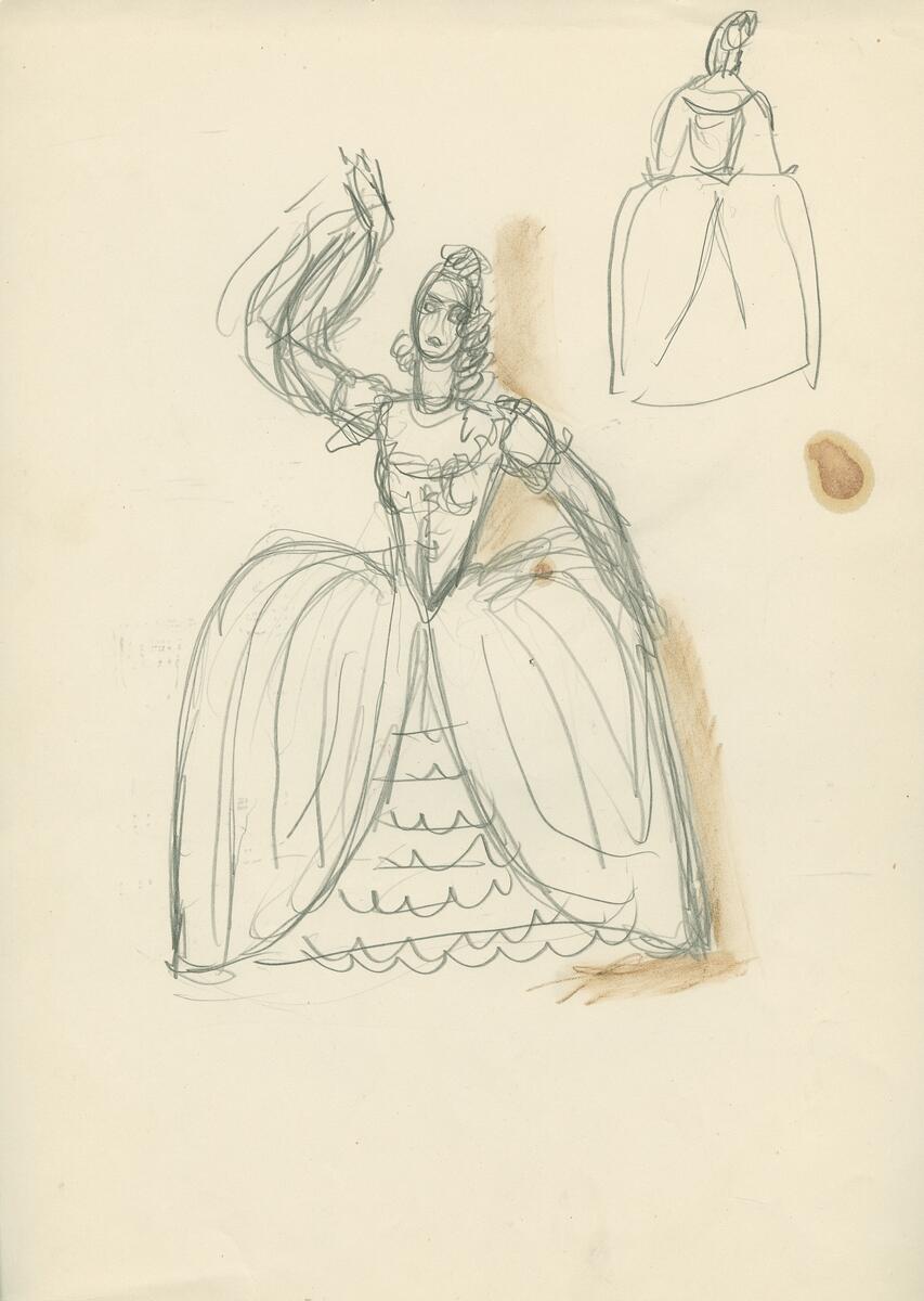 Skisser från teatermiljö, dansare, scenkläder  amerikanska urinvånare, cowboys, människor från Mellanöstern, damer mm. Idéskisser till teateraffischer.