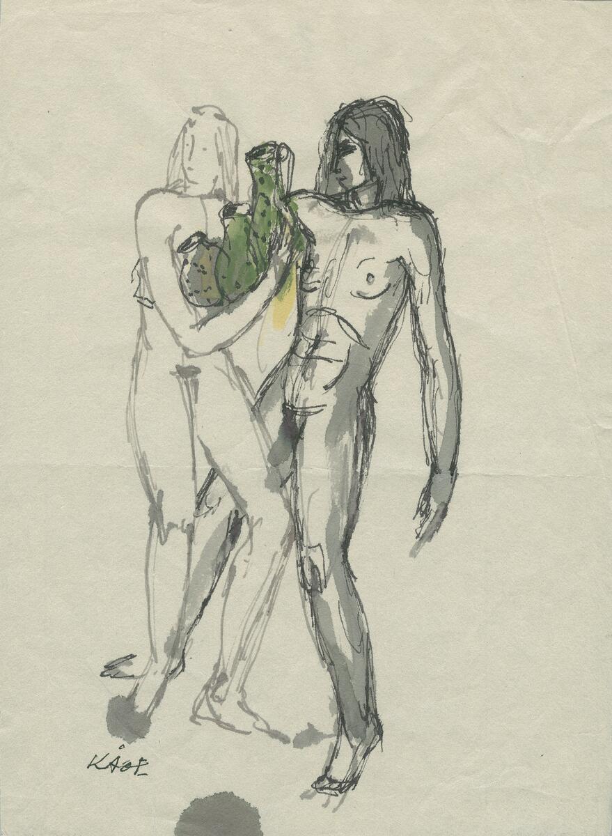 Skisser till nakenstudier i blyerts, akvarell och bläck.