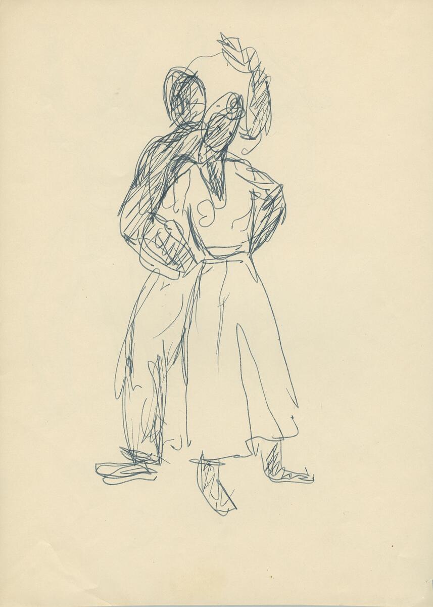 Skisser från teatermiljö, dansare, scenkläder  amerikanska urinvånare, cowboys, människor från Mellanöstern, damer mm. Idéskisser till teateraffischer.