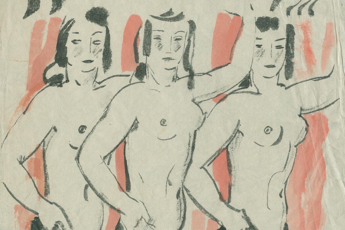 Skisser till nakenstudier i blyerts, akvarell och bläck.