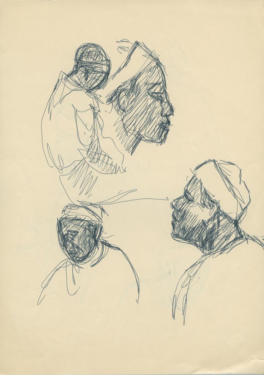 Skisser från teatermiljö, dansare, scenkläder  amerikanska urinvånare, cowboys, människor från Mellanöstern, damer mm. Idéskisser till teateraffischer.