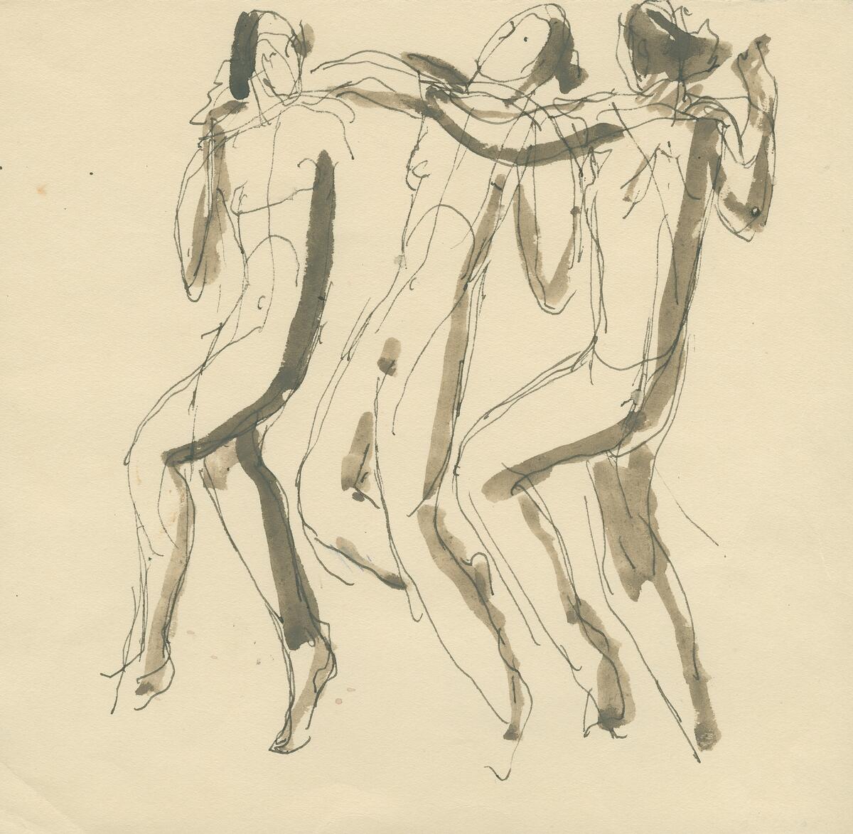 Skisser till nakenstudier i blyerts, akvarell och bläck.