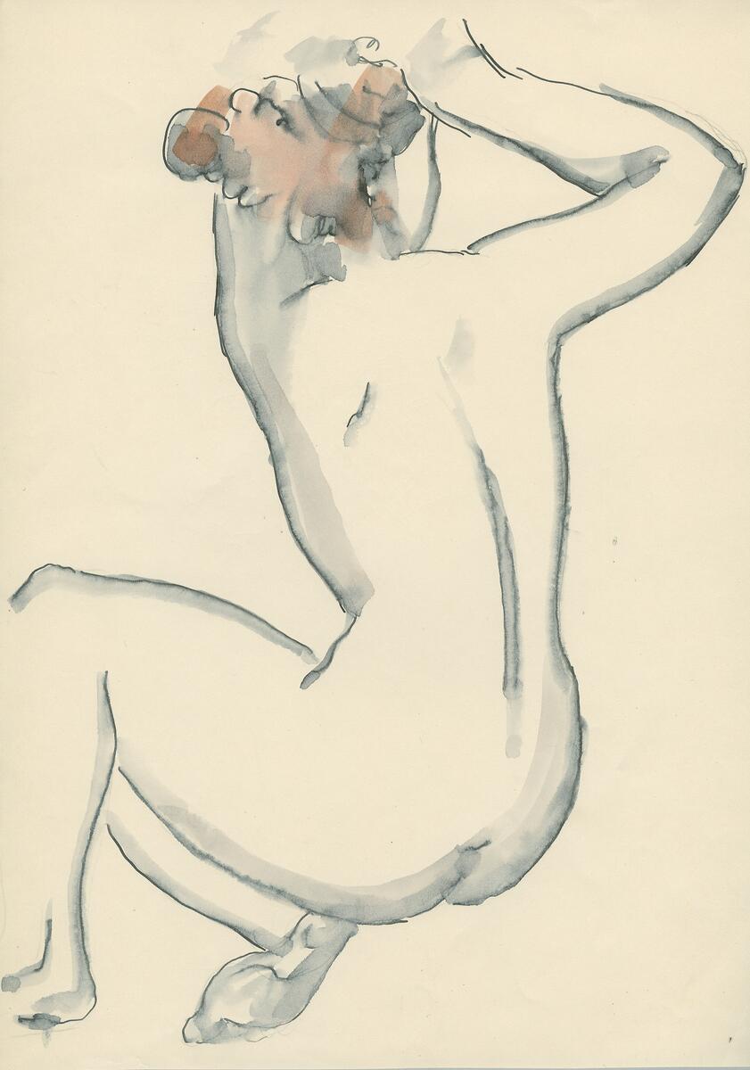 Skisser till nakenstudier i blyerts, akvarell och bläck.