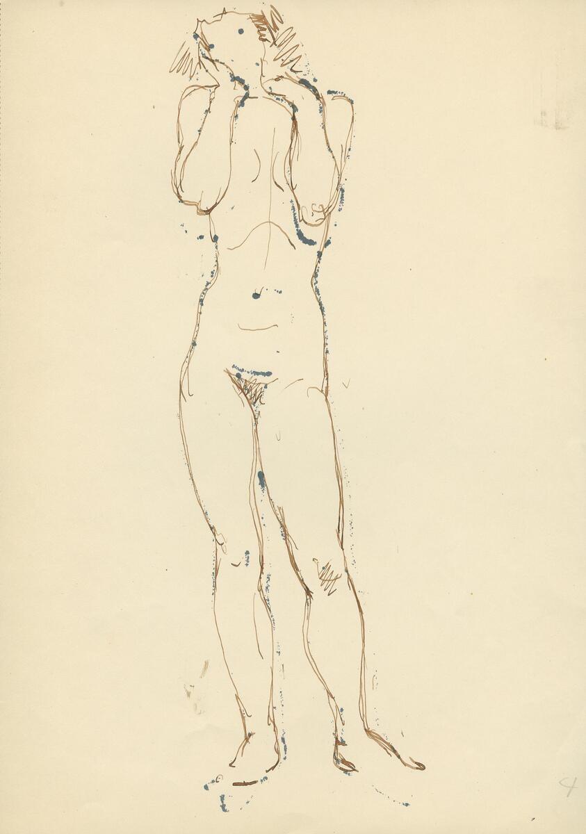 Skisser till nakenstudier i blyerts, akvarell och bläck.