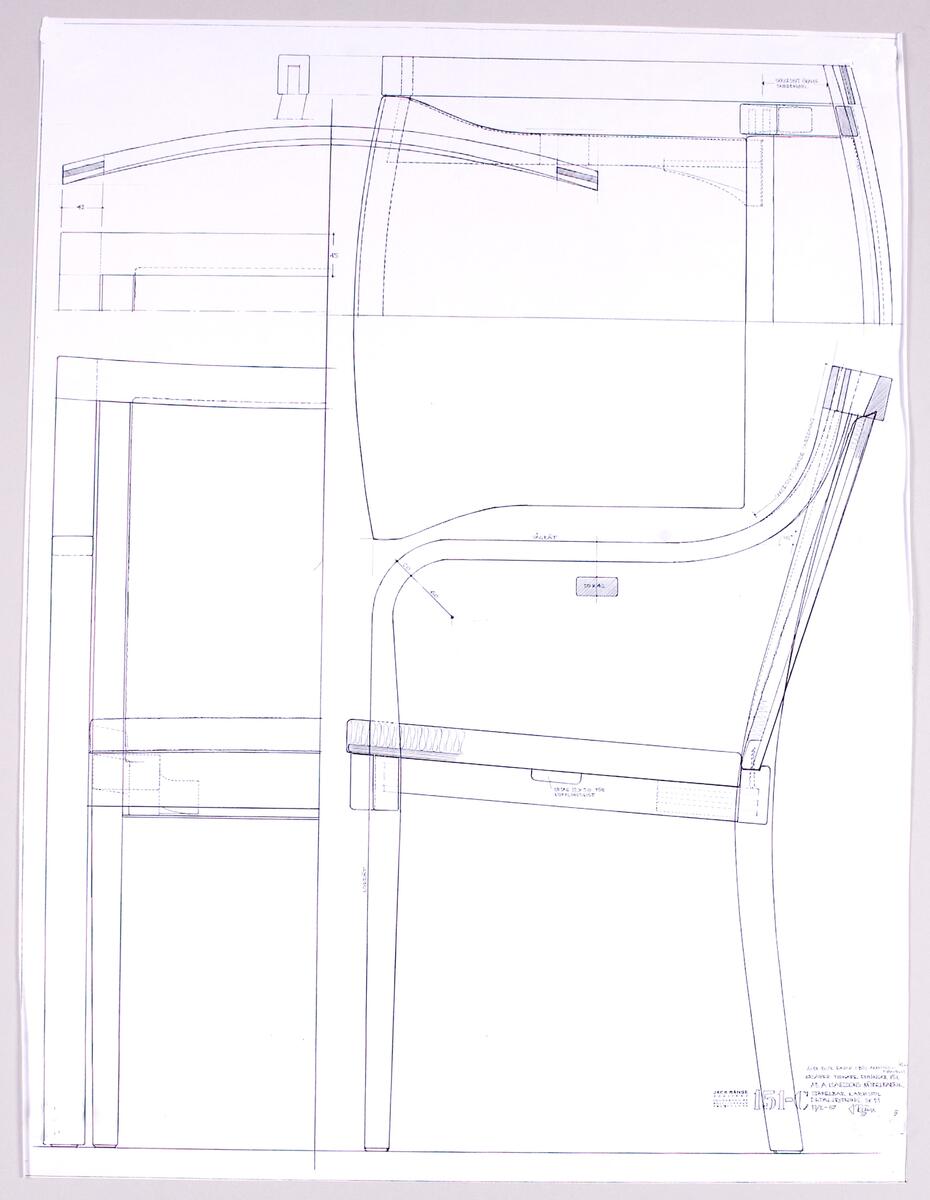 Kopior av ritningar till olika möbler. I mappen finns rintningskopior till KS 253, 162, 151 C, 150 D, 153 D (Kaiser), 151-2, Rotunda, Kangaroo II, samt stol för ICA-restauranger, Stockholm.