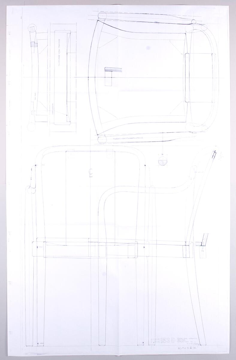 Kopior av ritningar till olika möbler. I mappen finns rintningskopior till KS 253, 162, 151 C, 150 D, 153 D (Kaiser), 151-2, Rotunda, Kangaroo II, samt stol för ICA-restauranger, Stockholm.