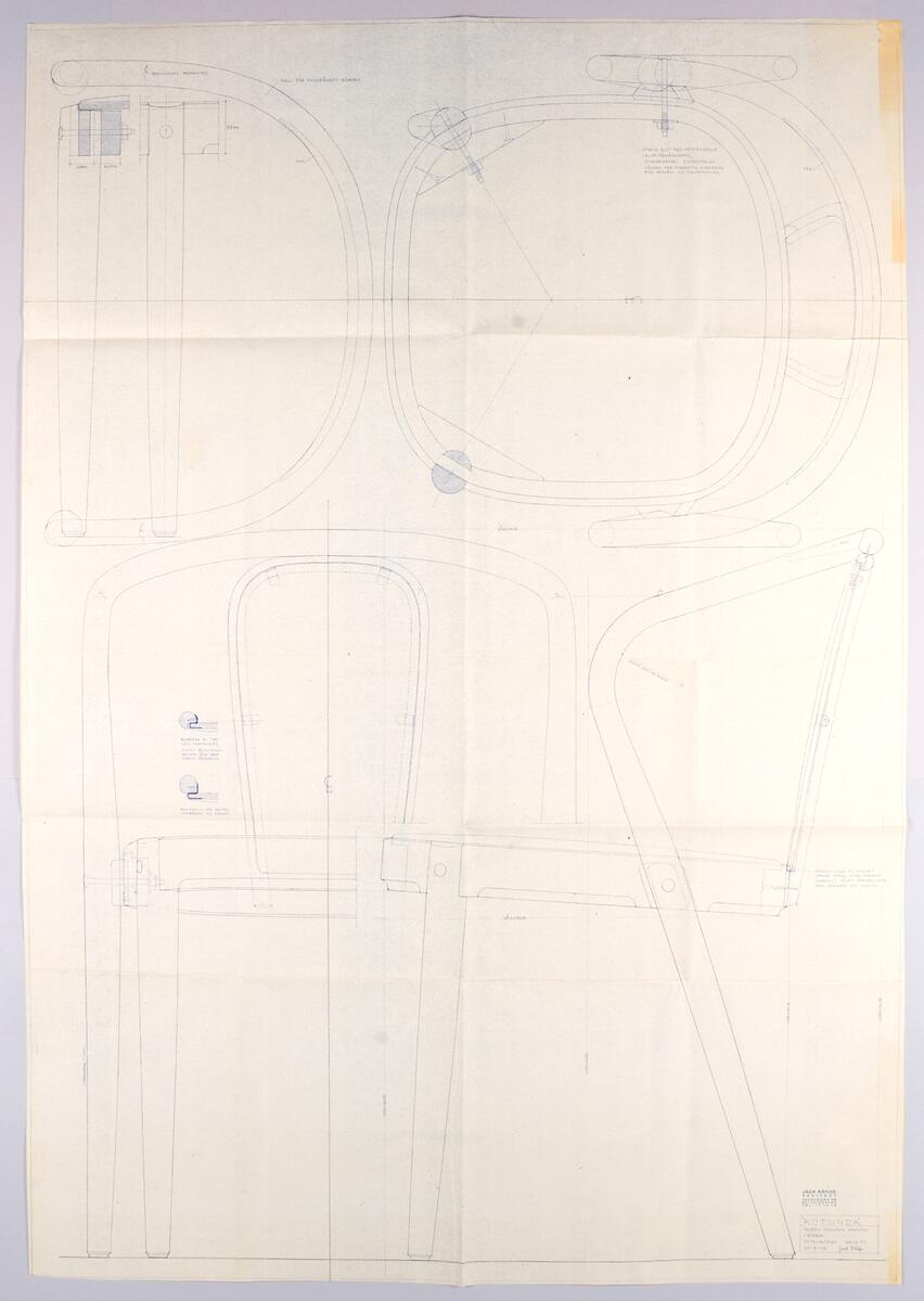 Kopior av ritningar till olika möbler. I mappen finns rintningskopior till KS 253, 162, 151 C, 150 D, 153 D (Kaiser), 151-2, Rotunda, Kangaroo II, samt stol för ICA-restauranger, Stockholm.