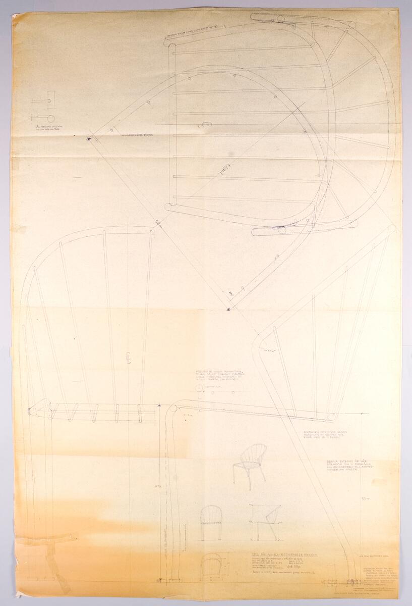 Kopior av ritningar till olika möbler. I mappen finns rintningskopior till KS 253, 162, 151 C, 150 D, 153 D (Kaiser), 151-2, Rotunda, Kangaroo II, samt stol för ICA-restauranger, Stockholm.