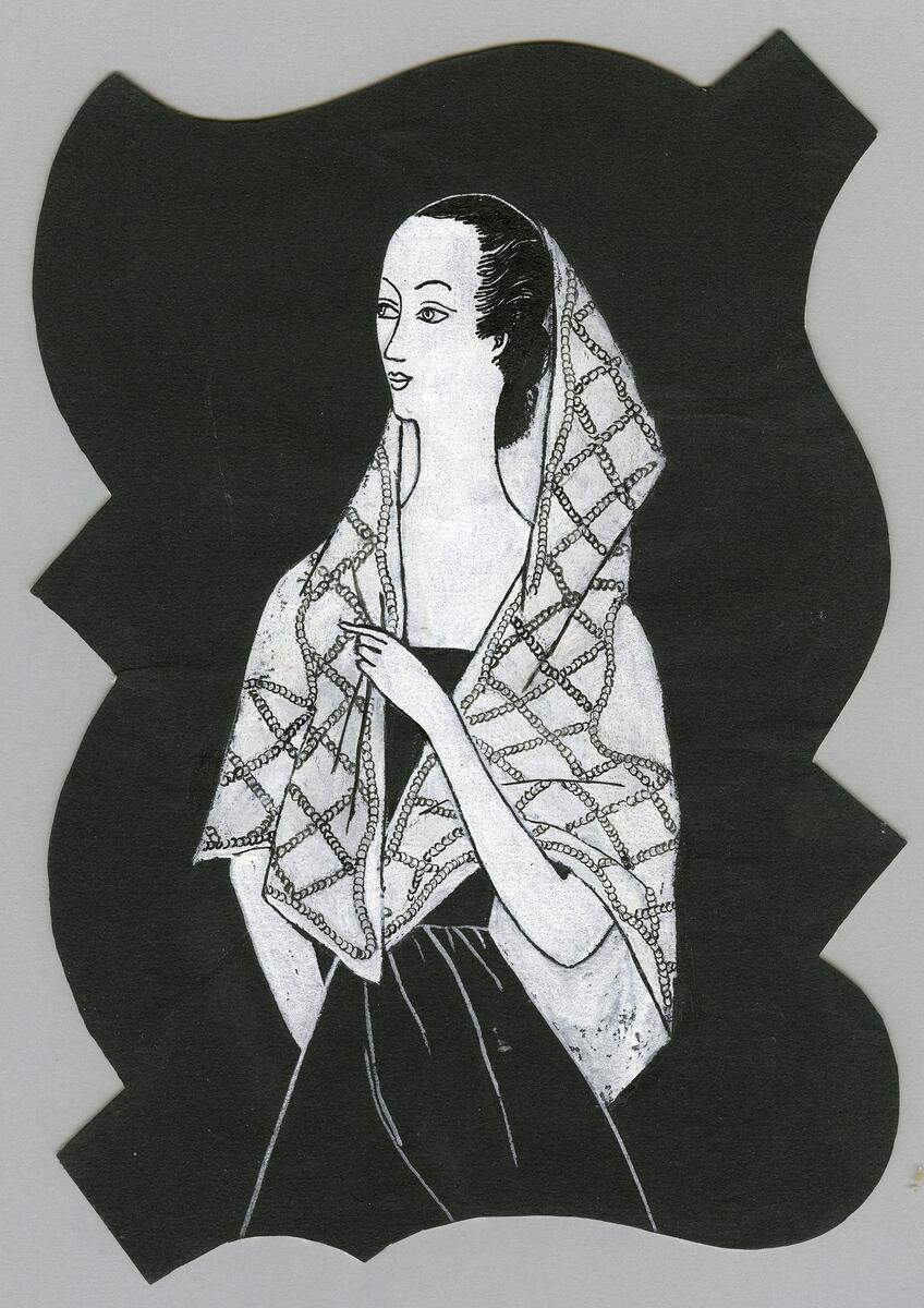 Skisserna visar kvinnor iförda sjalar och halsdukar i olika modeller och mönster. En kvinna bär en cape med krage och knäppning framtill.