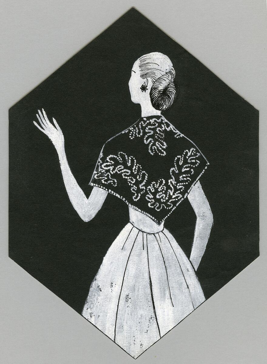 Skisserna visar kvinnor iförda sjalar och halsdukar i olika modeller och mönster. En kvinna bär en cape med krage och knäppning framtill.