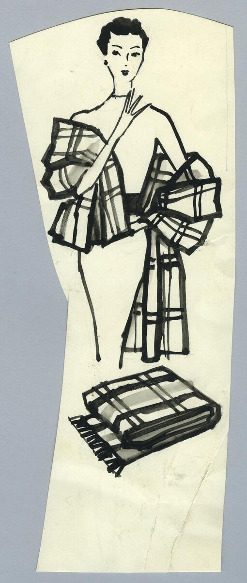 Skisserna visar kvinnor iförda sjalar och halsdukar i olika modeller och mönster. En kvinna bär en cape med krage och knäppning framtill.