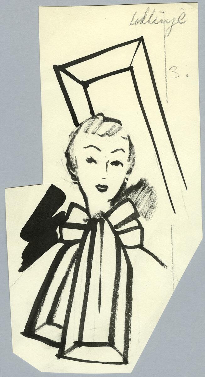 Skisserna visar kvinnor iförda sjalar och halsdukar i olika modeller och mönster. En kvinna bär en cape med krage och knäppning framtill.