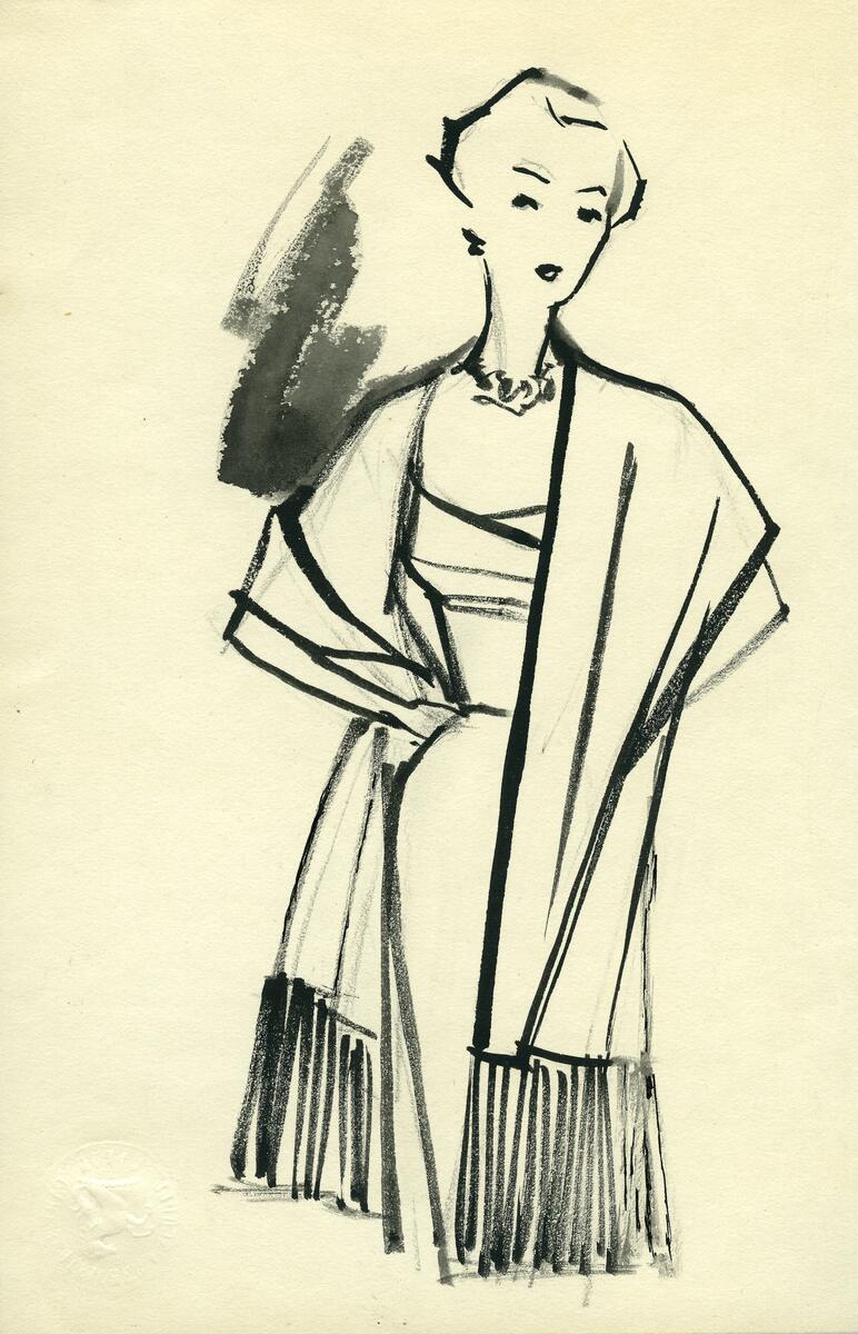 Skisserna visar kvinnor iförda sjalar och halsdukar i olika modeller och mönster. En kvinna bär en cape med krage och knäppning framtill.