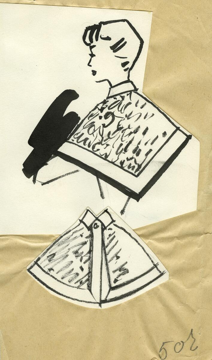 Skisserna visar kvinnor iförda sjalar och halsdukar i olika modeller och mönster. En kvinna bär en cape med krage och knäppning framtill.