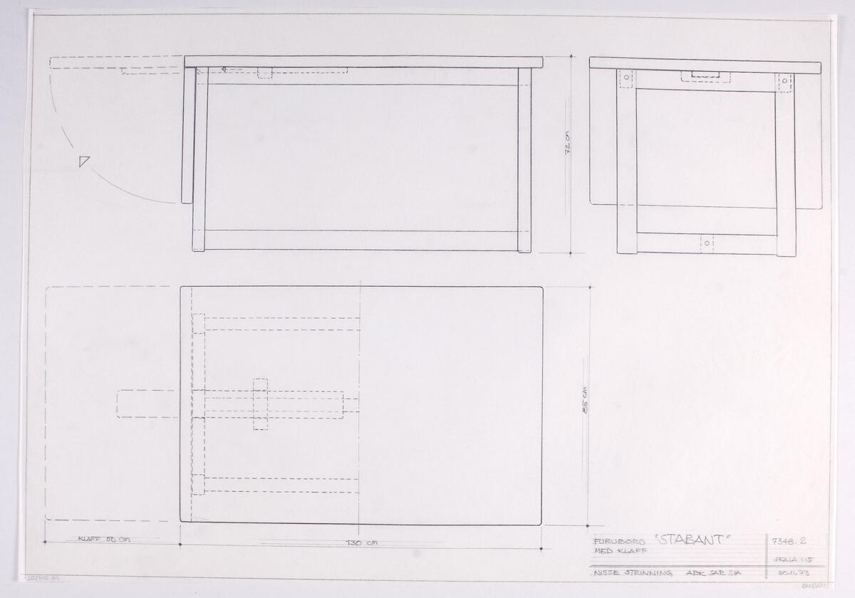 Skisser i skala 1:5 till rektangulära furubord med och utan klaff, visade ur olika perspektiv. Noteringar. Måttangivelser.