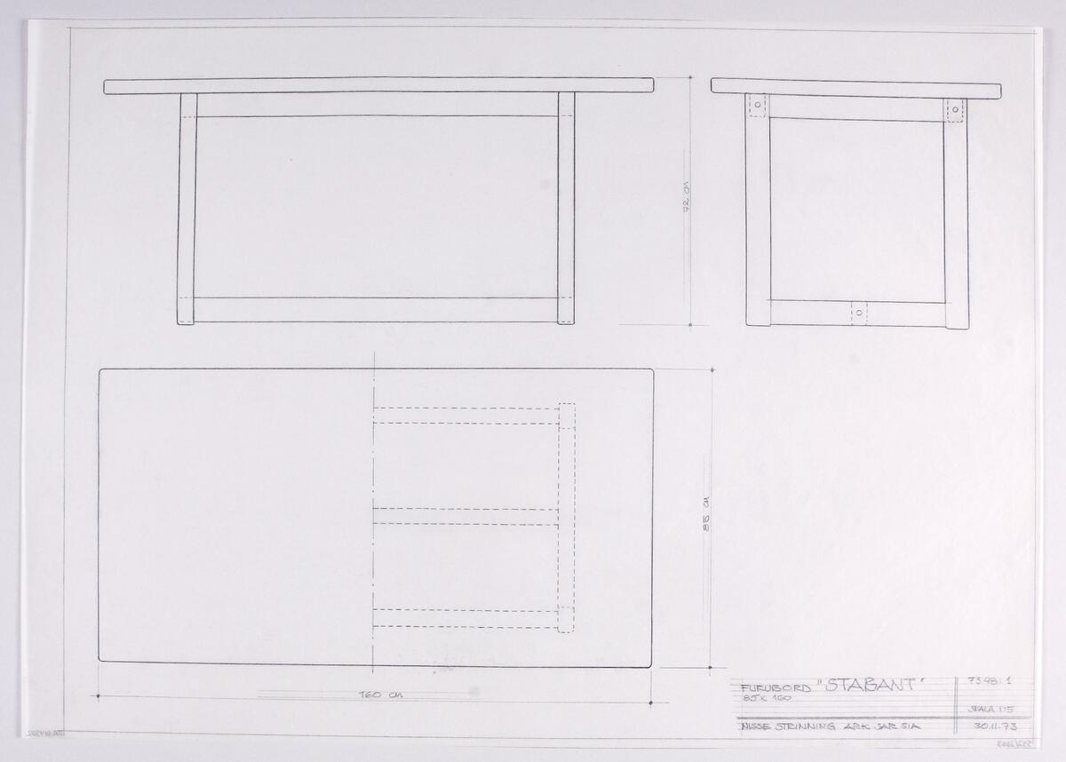 Skisser i skala 1:5 till rektangulära furubord med och utan klaff, visade ur olika perspektiv. Noteringar. Måttangivelser.