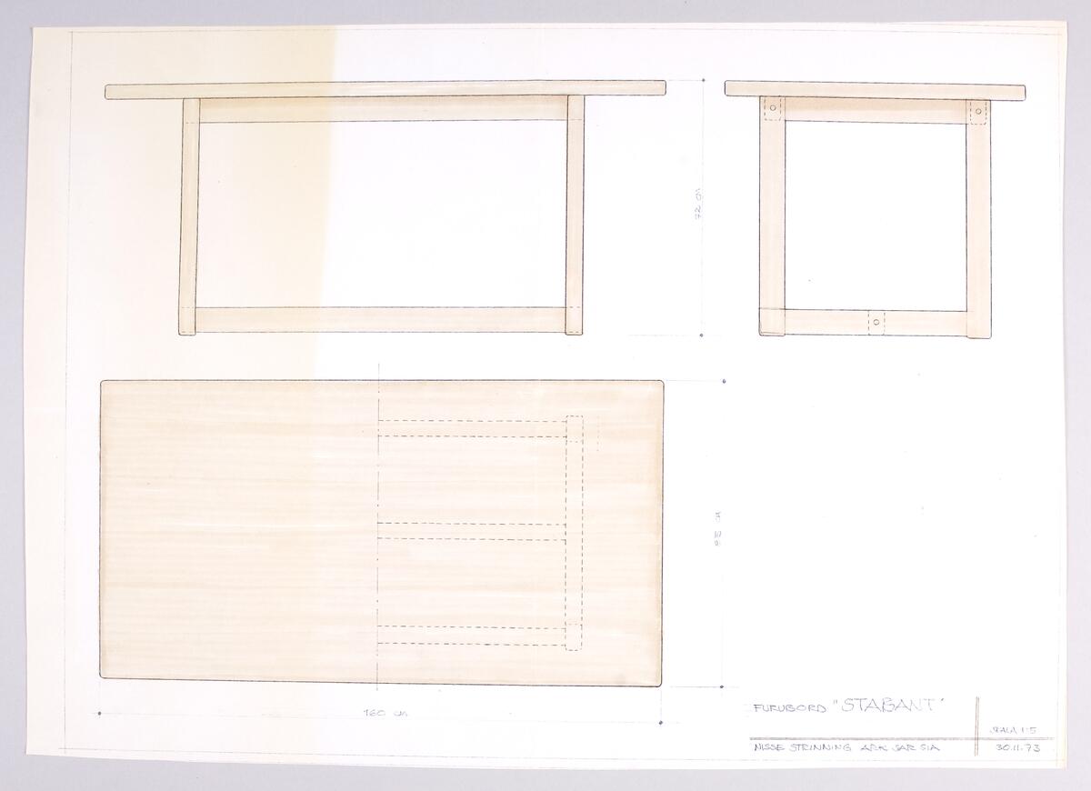 Skisser i skala 1:5 till rektangulära furubord med och utan klaff, visade ur olika perspektiv. Noteringar. Måttangivelser.