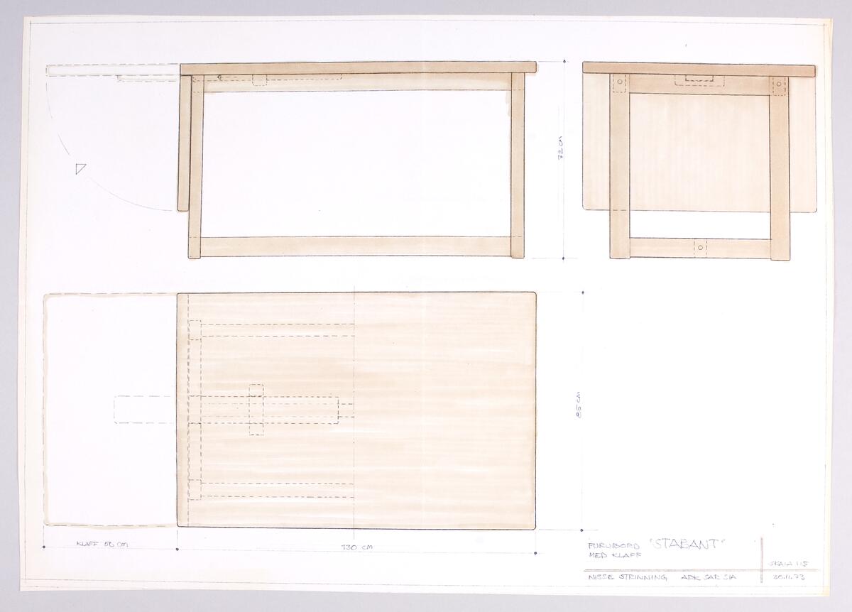 Skisser i skala 1:5 till rektangulära furubord med och utan klaff, visade ur olika perspektiv. Noteringar. Måttangivelser.