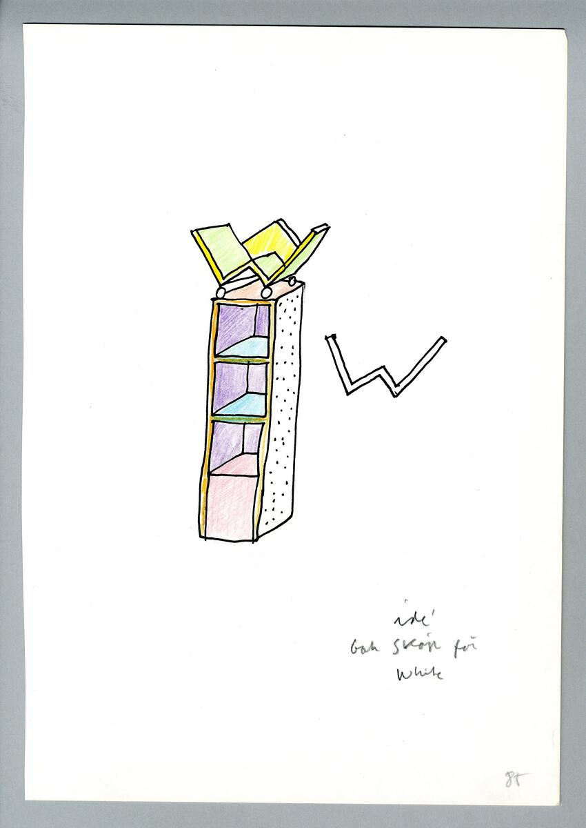 Skiss av ett skåp med tre hyllplan.