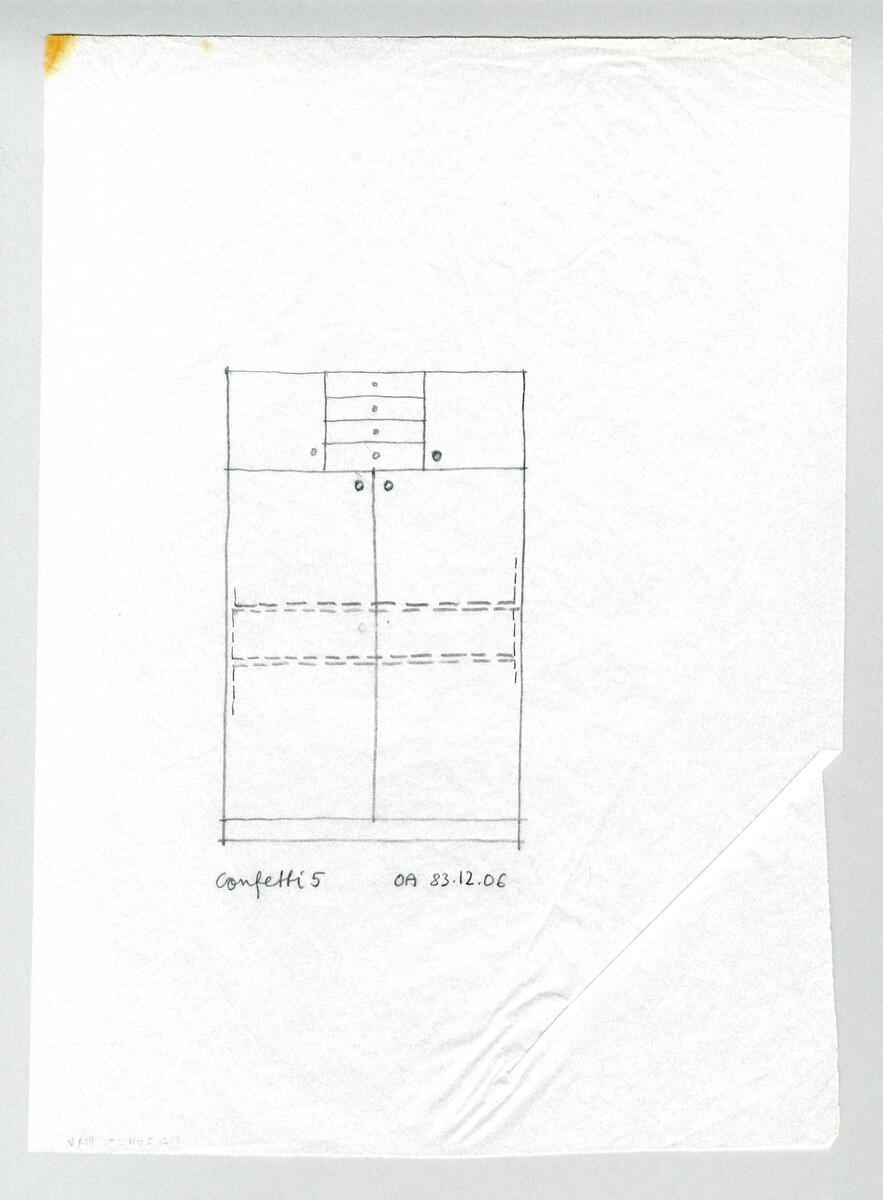 Sju varianter av ett kabinettskåp med postmodernistisk drag