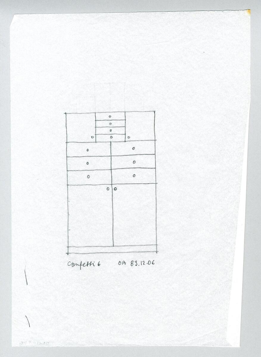 Sju varianter av ett kabinettskåp med postmodernistisk drag