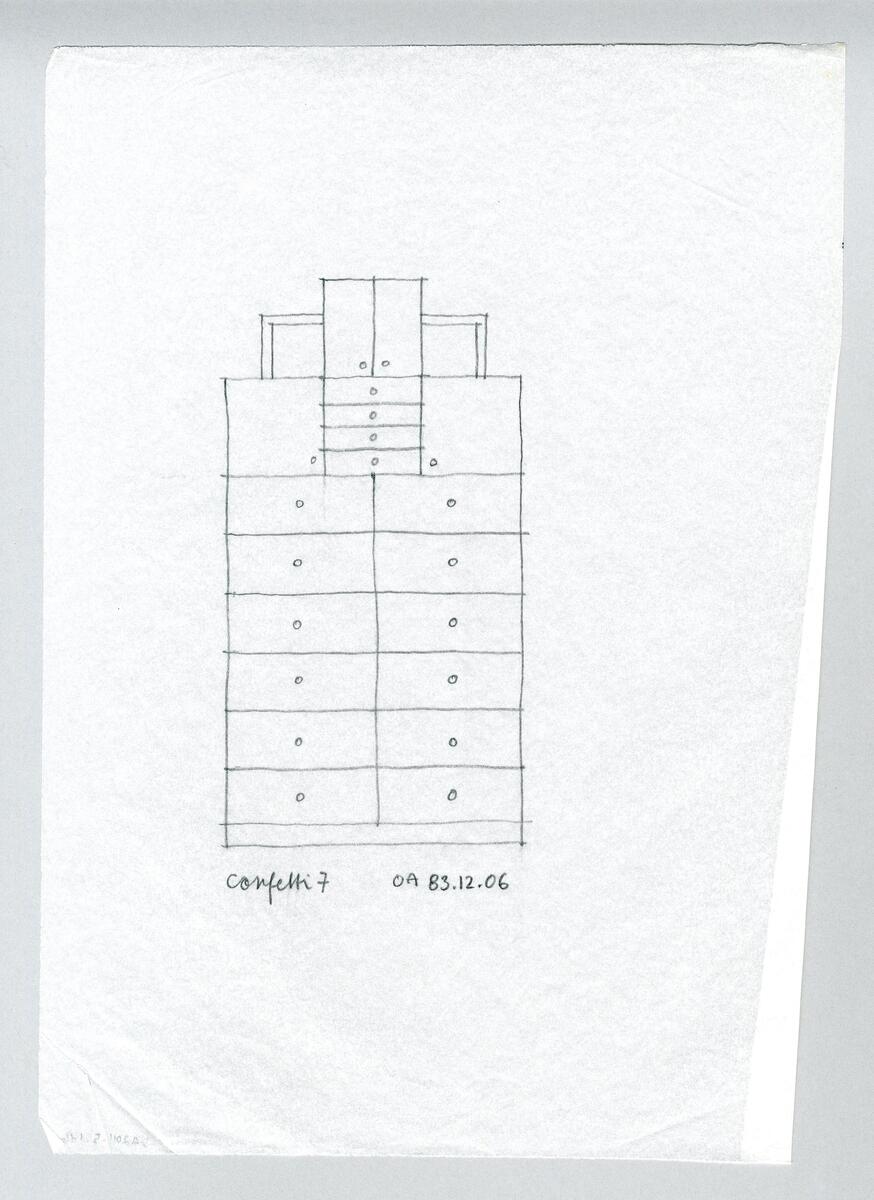 Sju varianter av ett kabinettskåp med postmodernistisk drag