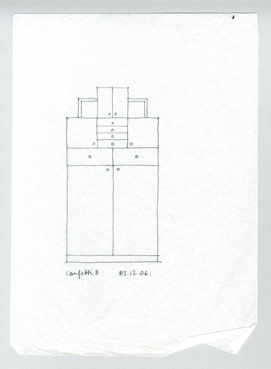Sju varianter av ett kabinettskåp med postmodernistisk drag