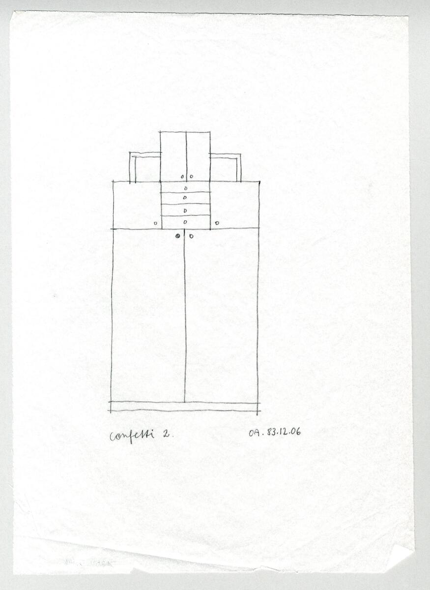 Sju varianter av ett kabinettskåp med postmodernistisk drag