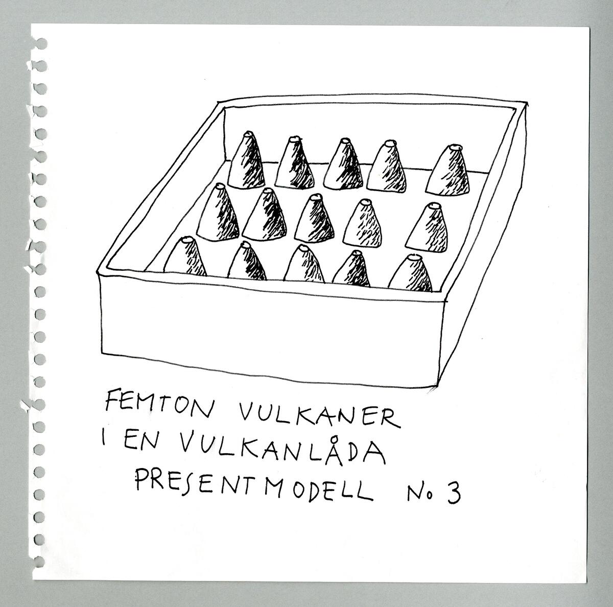 Skisser på olika vulkaner bland annat staplade på varandra samt i en så kallad vulkanlåda.