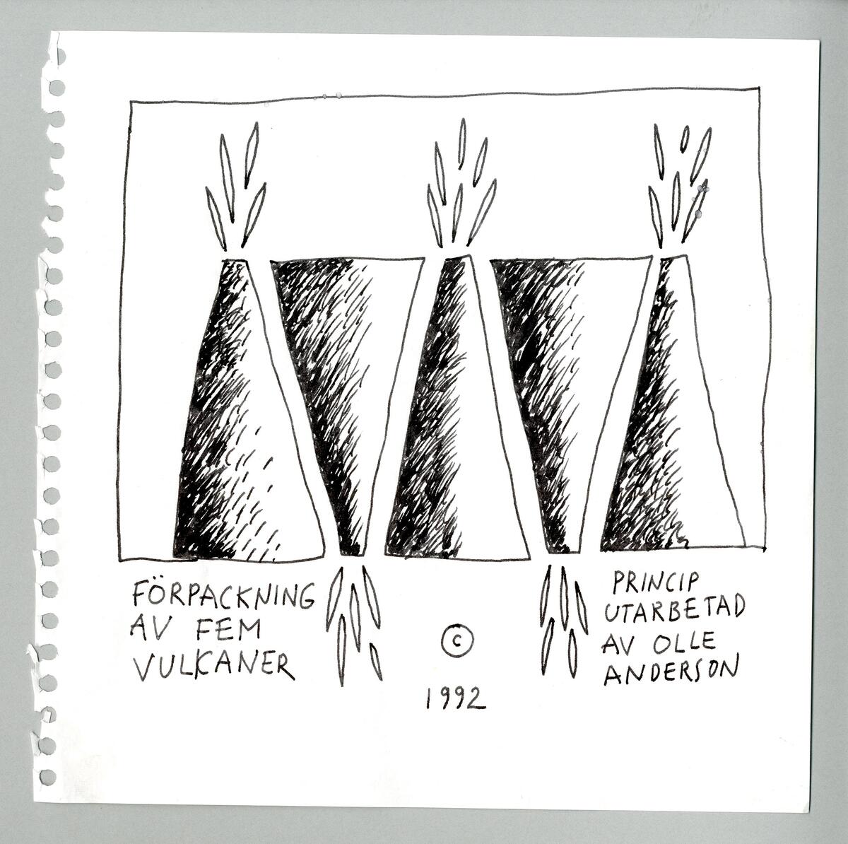 Skisser på olika vulkaner bland annat staplade på varandra samt i en så kallad vulkanlåda.