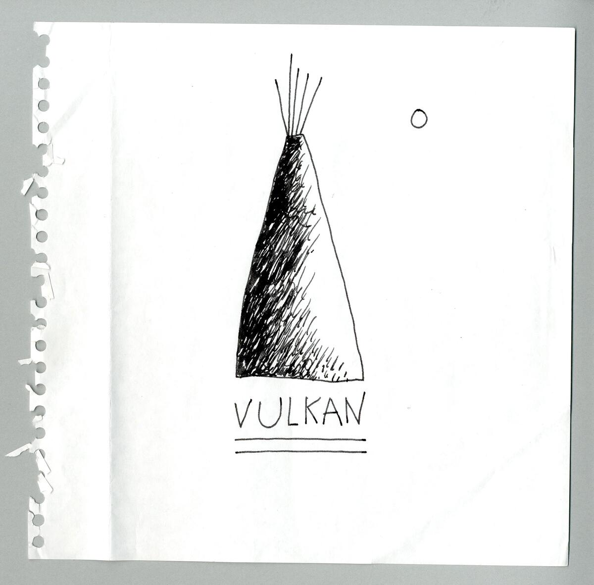 Skisser på olika vulkaner bland annat staplade på varandra samt i en så kallad vulkanlåda.