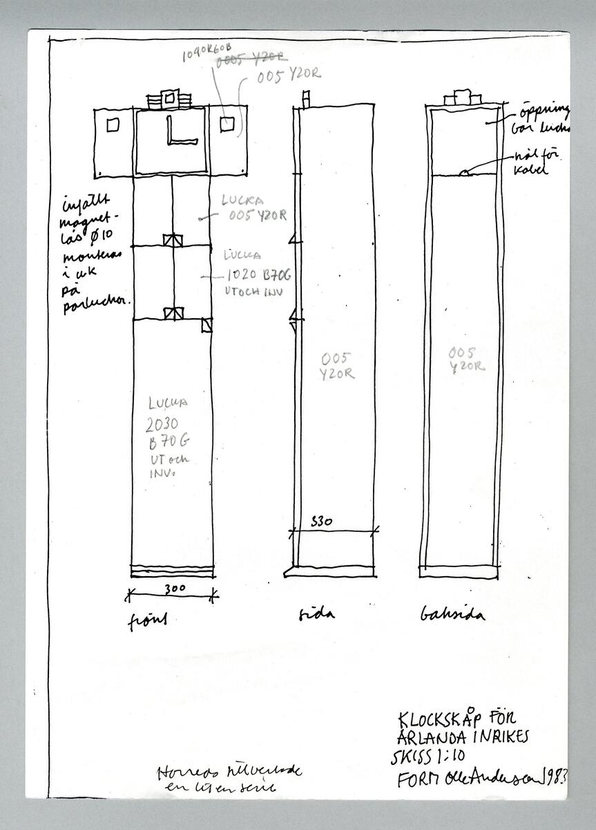 Skisser på olika avlånga klockskåp
