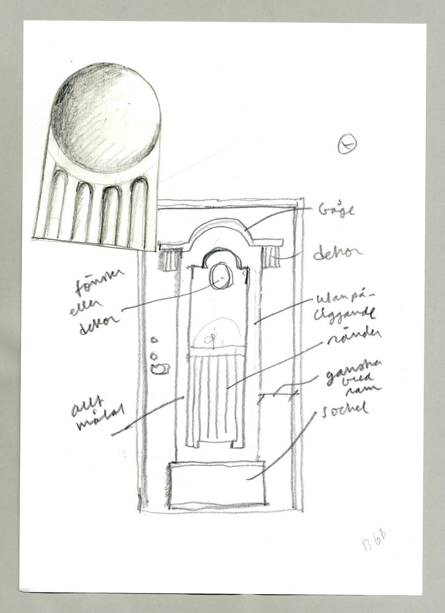 Dörr med ett litet fönster, 1 båge ovanför fönstret, sockel mm.