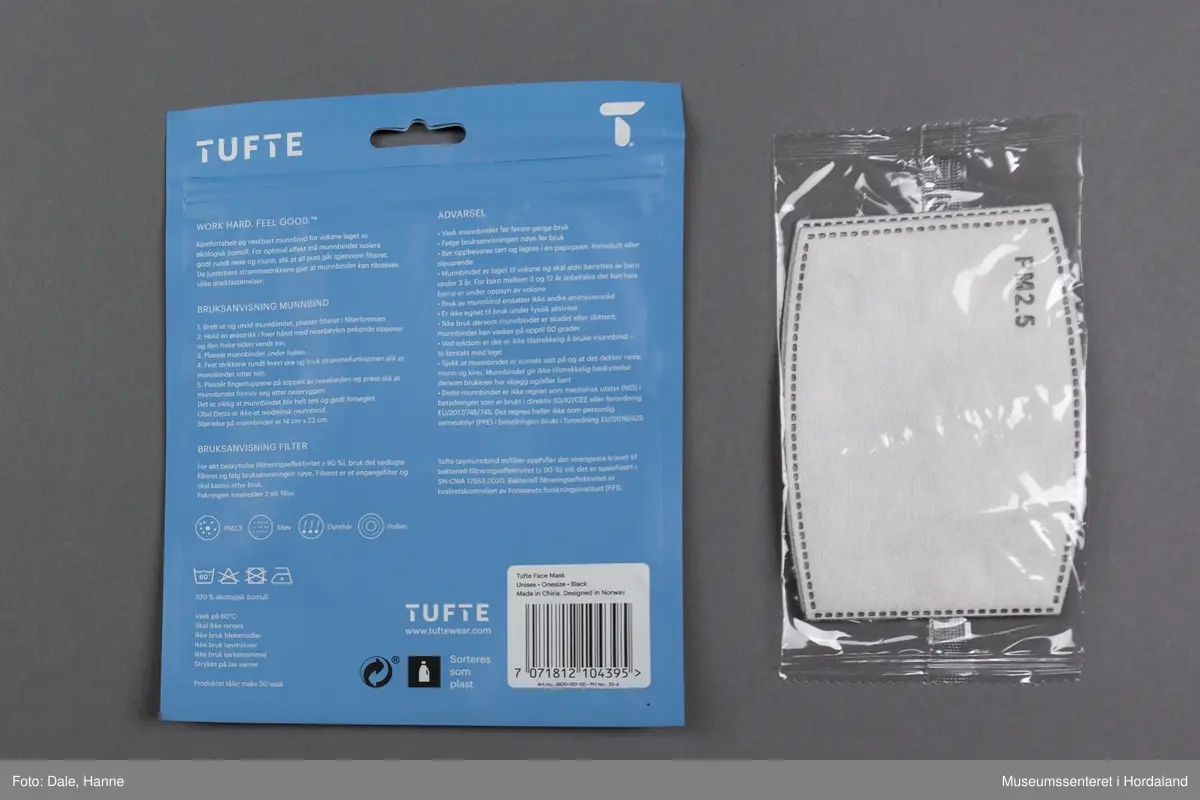 Tufte munnbind i økologisk bomull. Vaskbart, svart munnbind med to utskiftbare filter.