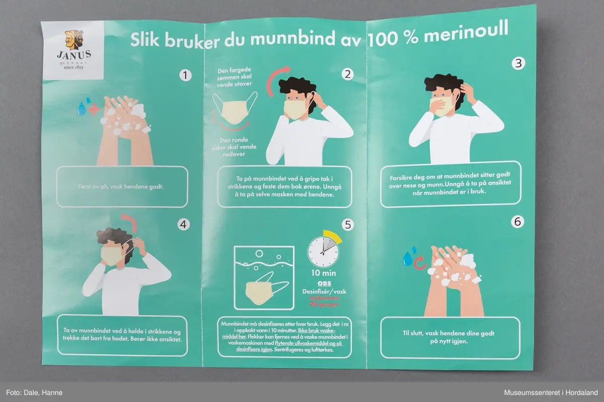 Munnbind i fleire lag strikka stoff i merinoull, med Janus- merke og elastiske stroppar til å feste det med. Munnbindet er pakka i plastemballasje med knappelukking, og det er lagt ved eit informasjonshefte om korleis ein skal bruke det.