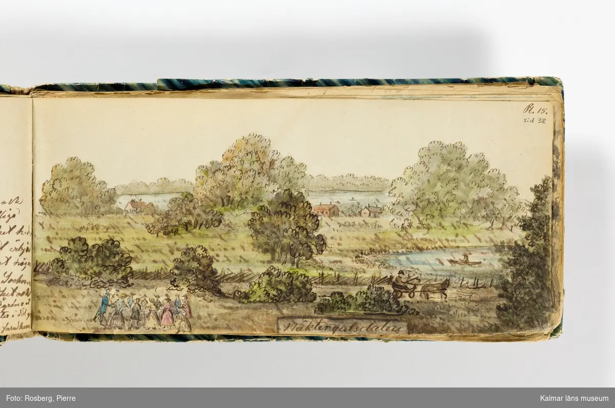 KLM 39585:2. Skissbok. 2:a boken. Volym i tvärformat, klädda pappärmar, skinnrygg. Skissbokens titel: Min första resa till Blekinge 1859.