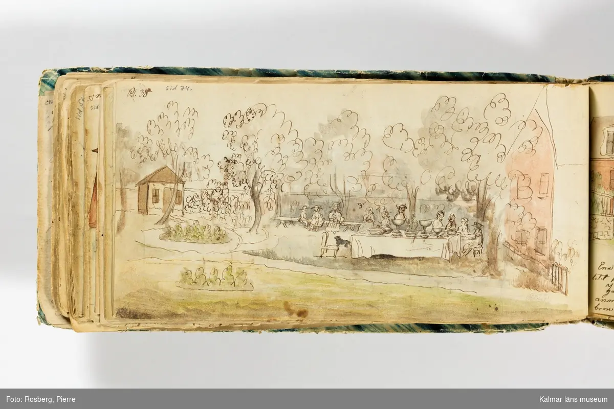 KLM 39585:2. Skissbok. 2:a boken. Volym i tvärformat, klädda pappärmar, skinnrygg. Skissbokens titel: Min första resa till Blekinge 1859.