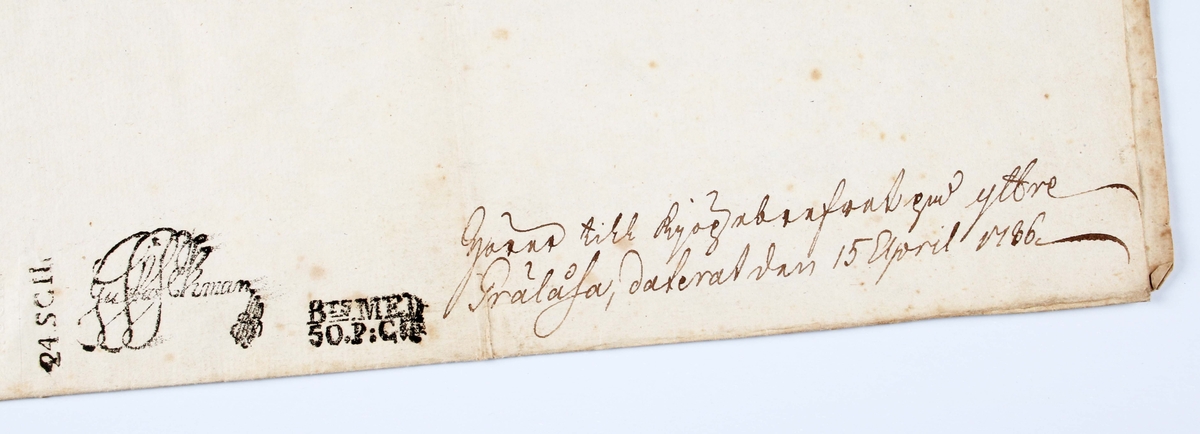 Fastebrev utfärdade av Pehr, von Seth, i Svenljunga 4 juni 1788 på Grälåsa Yttregård, Länghems socken, Kinds härad, jämte köpebrev för detsamma 15 april 1786. Diverse pappersark med handskriven text och stämplade med röda lacksigill.
