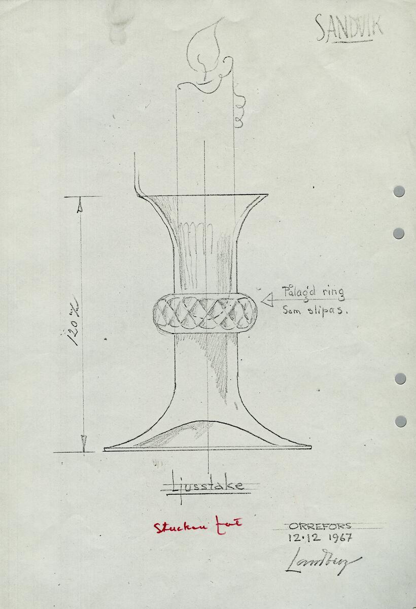 Skisser till ljusstakar i olika storlekar och utföranden. Noteringar.