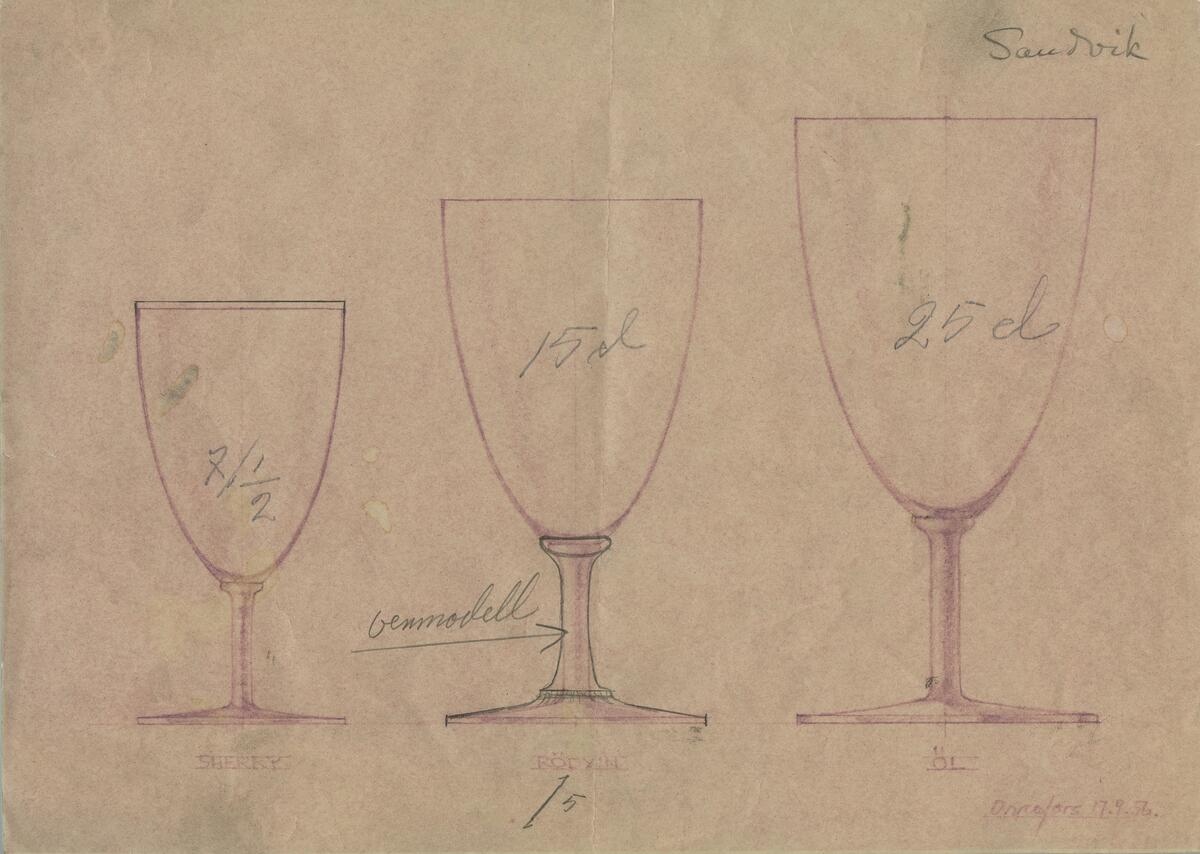 Skiss till tre servisglas för sherry, rödvin och öl med oval kupa och stråben. Noteringar.