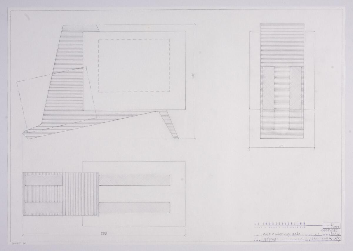 Ritningar till layout LIAB Rotonet, brödrost, manöverpanel, sladdvinda, inställningsanordning TV, dammkollektor, torkställning, med förklaringar och måttangivelser